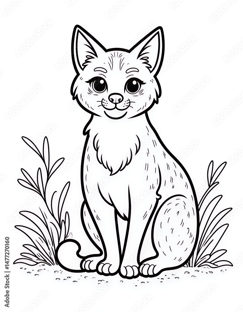 Obraz premium Black and White Outline Drawing of a Cat with Tall Grass in Minimalist Style
