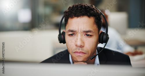 Papier peint Man, confused and call center by computer in office, communication or telecom doubt with thinking