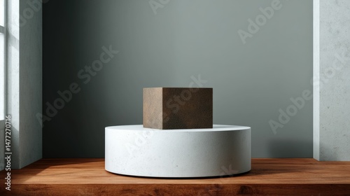 Wallpaper Mural Rustic Brown Cube on Minimalist White Platform Torontodigital.ca