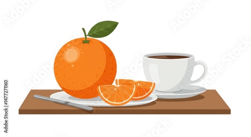 Fresh Orange and Coffee on Table Healthy Breakfast Illustration