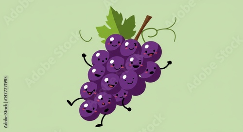 Cute Purple Grape Cartoon Character with Happy Faces and Green Leaf