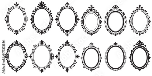 Collection of Vintage Hand Mirrors Silhouettes,  Ornate Frames Silhouettes, Ornate Oval Frames Vintage Style mirrors