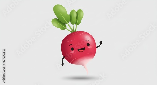Cute Happy Radish Cartoon Character Waving on White Background