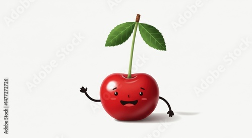 Cute Cherry Character Waving on White Background