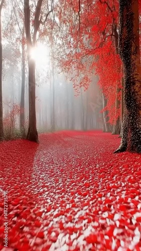 Vibrant red forest path with misty background scenery