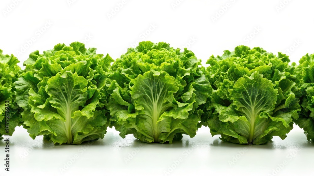 Fototapeta premium Fresh green lettuce heads arranged in a neat row on a plain white background with subtle texture , vegetable arrangement, crisp lettuce