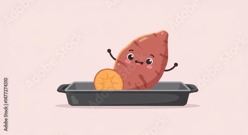 Cute Sweet Potato Character in Baking Pan and Slice Healthy Food Illustration