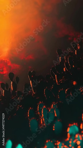Vibrant sunset illuminating cactus silhouettes in desert