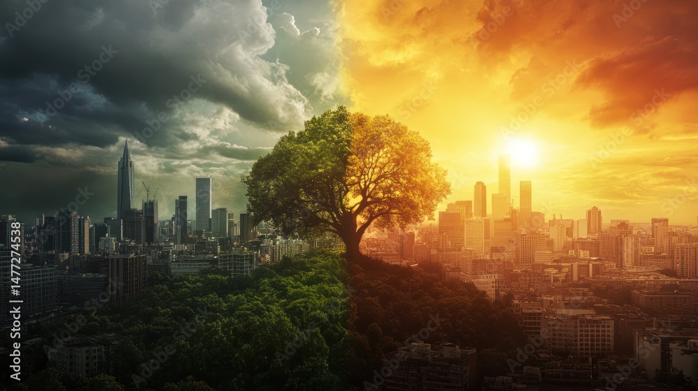 Obraz premium Divided cityscape, contrasting climates, powerful tree.