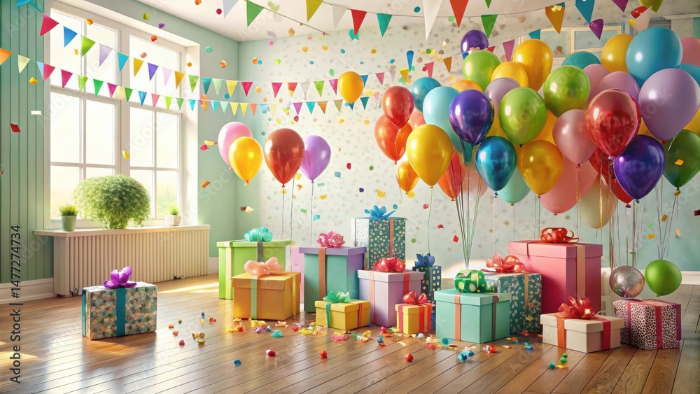 A Festive Room Filled with Colorful Balloons, Presents, and Confetti, Celebrating a Joyful Occasion A Festive Room Filled with Colorful Balloons, Presents, and Confetti, Celebrating a Joyful Occasion