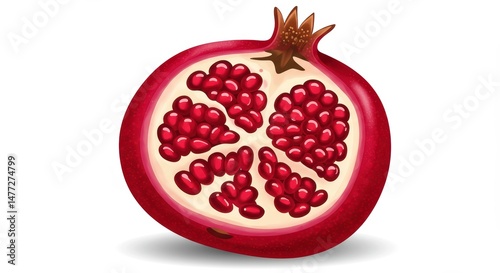 Juicy Pomegranate Half Showing Seeds and Rind on White Background