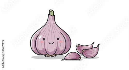 Cute Garlic Cartoon Character Smiling with Garlic Cloves