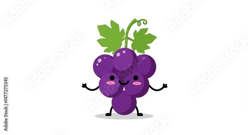 Cute Purple Grape Cartoon Character Illustration with Green Leaf