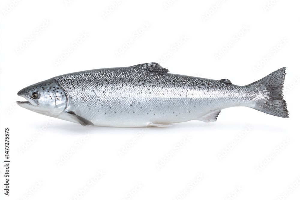 Obraz premium Freshly caught salmon displaying iridescent skin and vibrant patterns in natural daylight at a seafood market