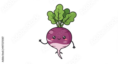 Cute Kawaii Beetroot Waving Illustration on White Background