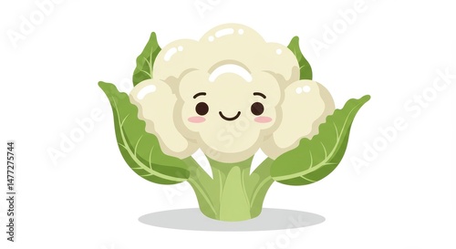 Cute Cauliflower Character Smiling on White Background