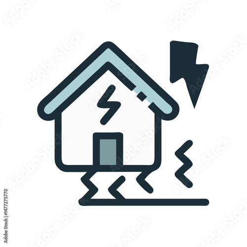 Earthquake symbol featuring a house with lightning and seismic waves indicating damage
