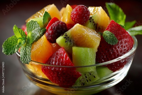 Wallpaper Mural Fresh fruit salad featuring vibrant berries and melons in a glass bowl, perfect for a summer gathering or healthy snack time Torontodigital.ca
