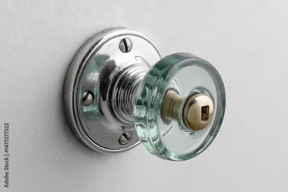 Obraz premium Decorative glass door knob with brass details on a white wall