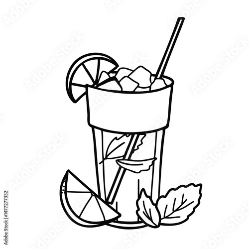 Mojito Cocktail or Lemonade Glass with Ice and a slice of Lime and mint leaves. Summer Drink composition. Hand drawn Vector isolated illustration in Doodle style. For cocktail bar menu, logo or drink