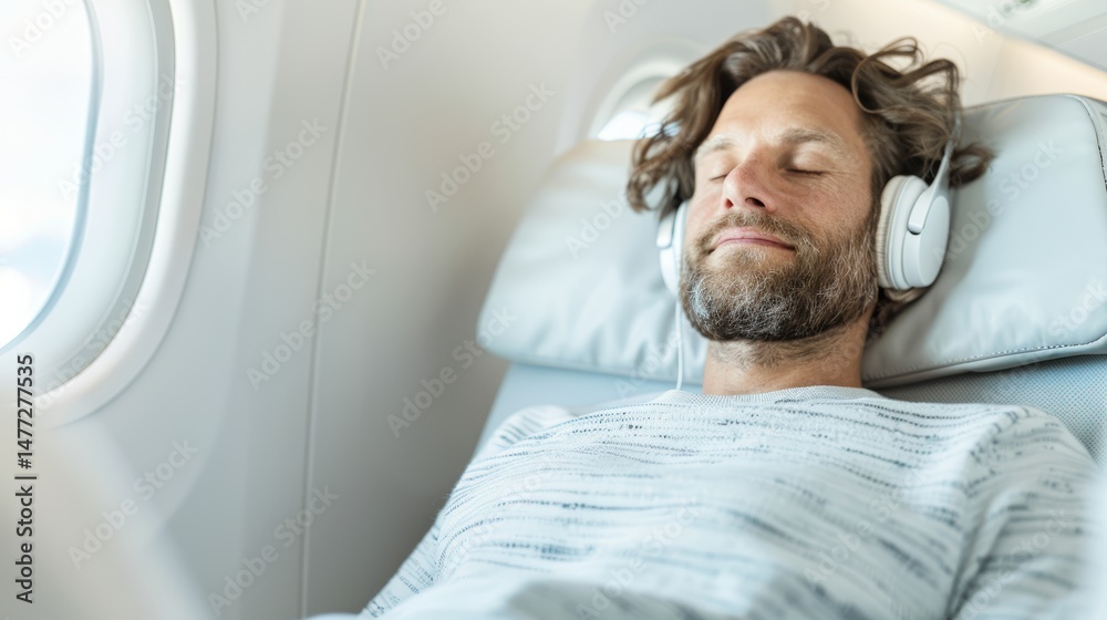 Obraz premium Man Sleeping and Relaxing on Airplane with Headphones