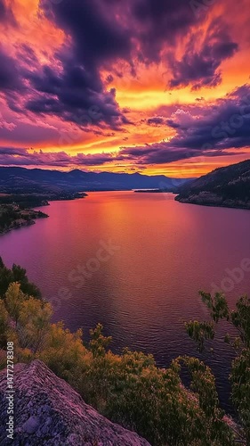 Vibrant Sunset Over Serene Lake with Mountains