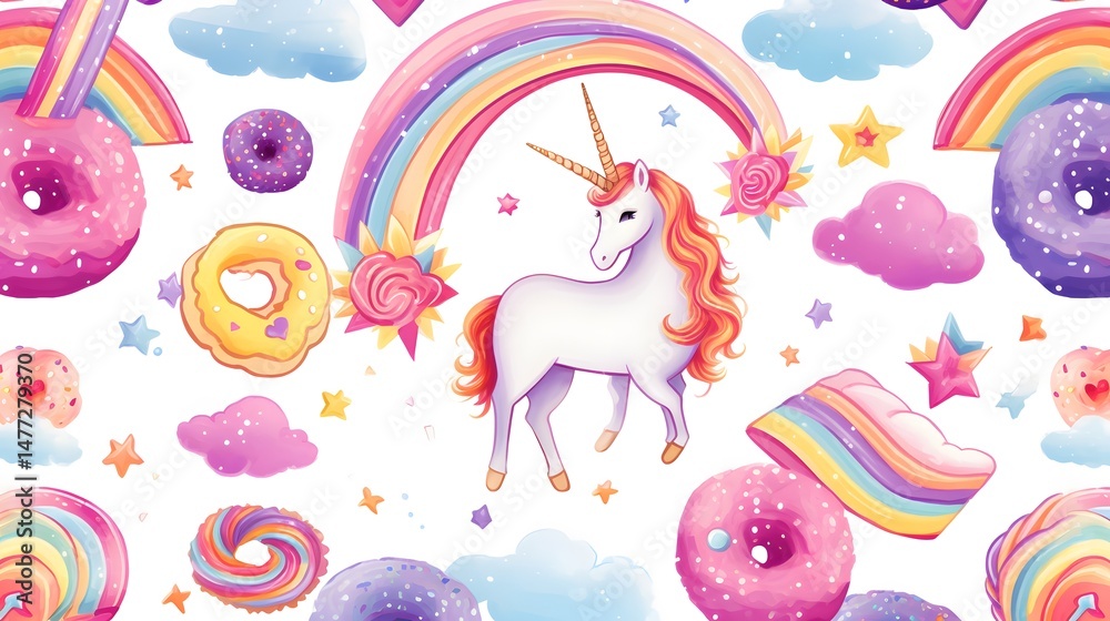 Obraz premium Colorful unicorn rainbow stars magic seamless pattern for textiles and wallpapers