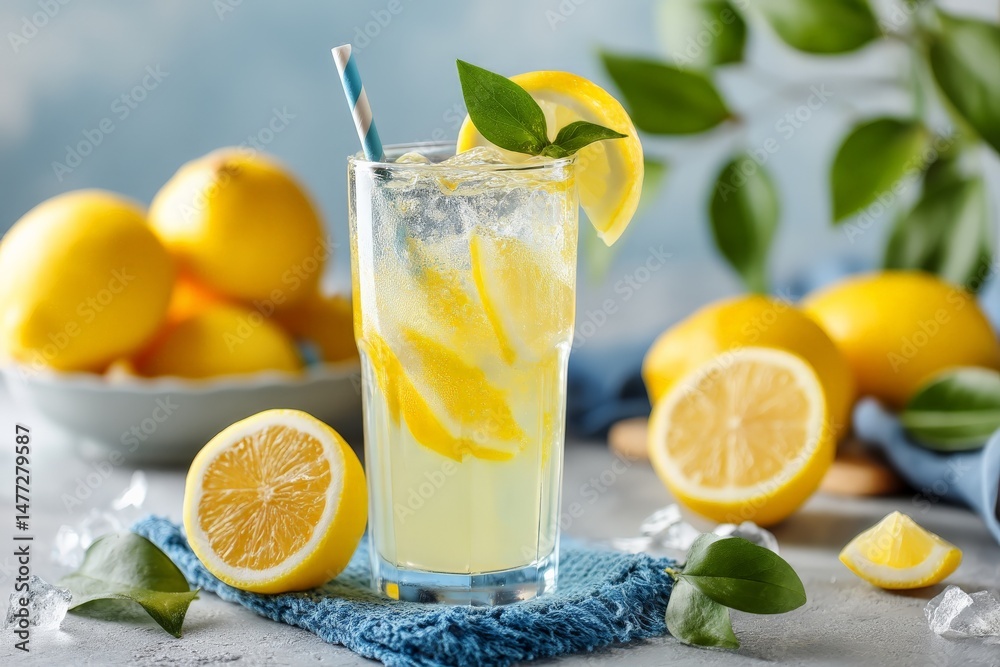 Refreshing lemon drink served with fresh lemons on a blue towel in a bright kitchen setting Refreshing lemon drink served with fresh lemons on a blue towel in a bright kitchen setting