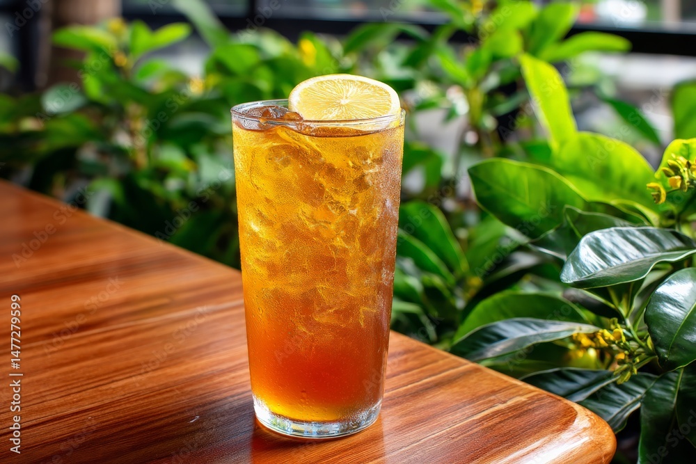 Refreshing iced tea with lemon slice served on wooden table surrounded by vibrant greenery Refreshing iced tea with lemon slice served on wooden table surrounded by vibrant greenery