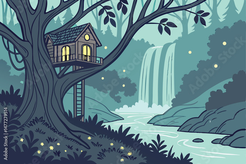 150 ethereal forest, enchanted treehouse, glowing lights, mystical waterfall, dream-like atmosphere, fairytale landscape, fantasy scene, serene nature, magical environment, atmospheric lighting, whims