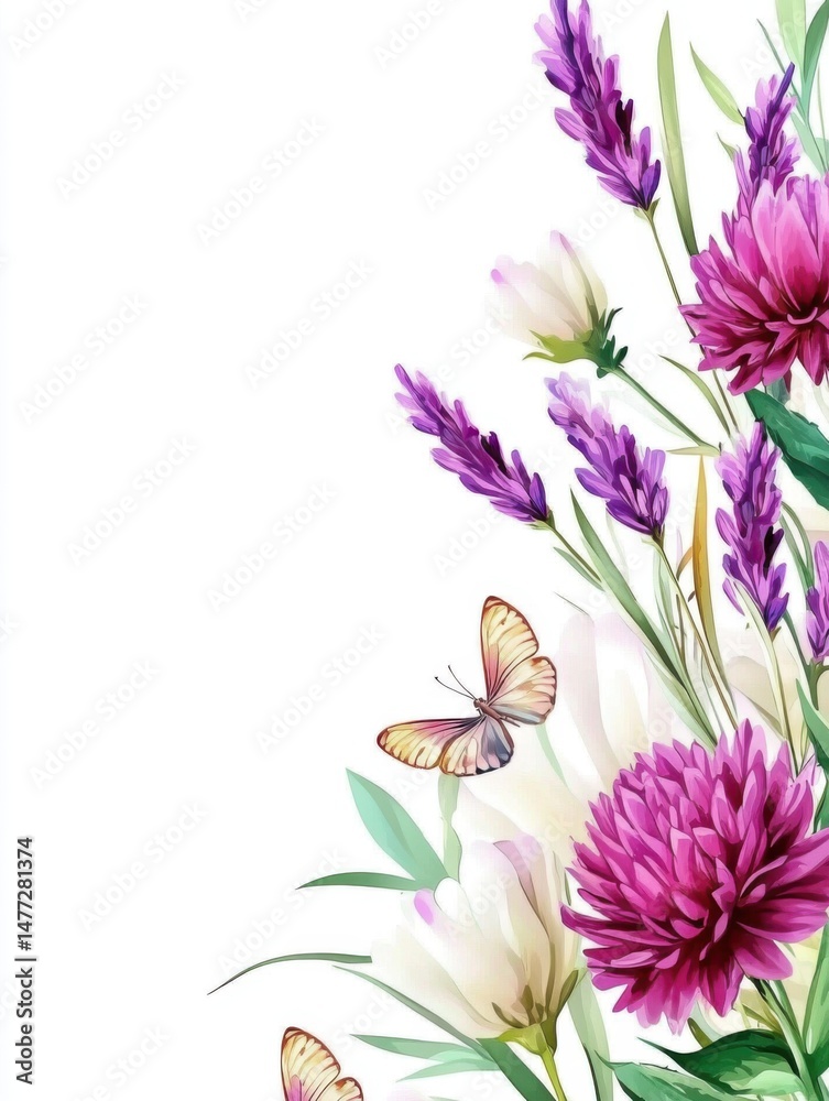Obraz premium Butterfly and Floral Arrangement Illustration with Lavender Tulips and Chrysanthemum on White Background
