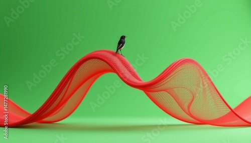 A small bird perches on a wavy red mesh against a vibrant green background.