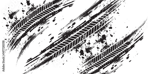 Grunge tire track, wheel braking marks. Truck, car or motorcycle tread pattern silhouette. Auto race, motorsport, speed racing design element. eps 10