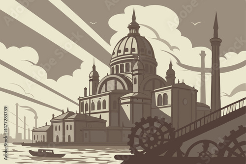151 floating byzantine steampunk city, fantasy digital art, highly detailed, hyper realistic, volumetric lighting, dramatic chiaroscuro, cinematic composition, muted color palette, moody atmospheric