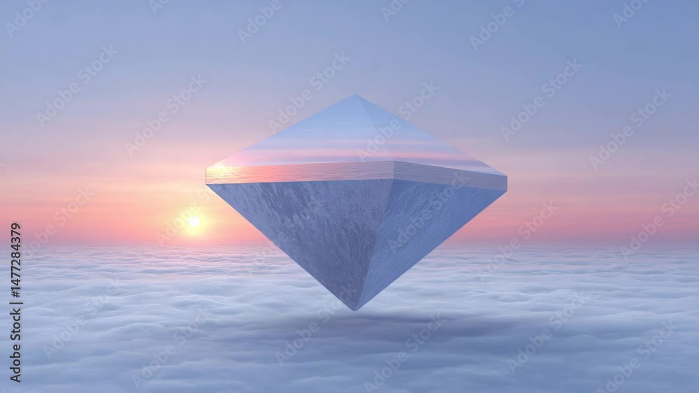 Floating Crystal at Sunset: A captivating and surreal scene unfolds as a geometrically perfect crystal seemingly levitates, suspended amidst a serene sea of clouds illuminated by a vibrant sunset.