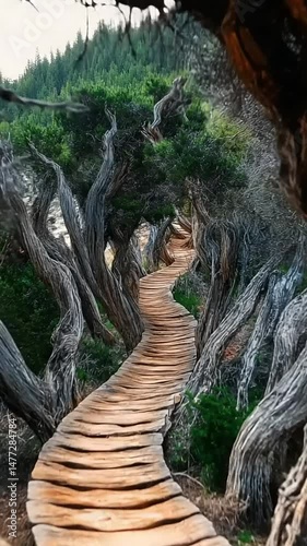 Winding wooden path through lush forest trees