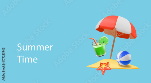 Summer time banner. 3d Vector Beach Umbrella, ball, starfish, cocktail mojito with a straw. Summer tropical holiday poster Time to travel concept. Vacation Vector.
