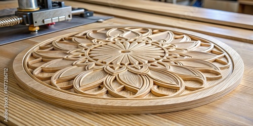 CNC machine routing a circle on an oak wood board with intricate details and precision cuts , cnc machine