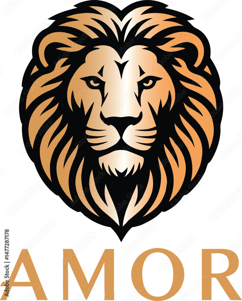 Obraz premium Golden lion head above the word amor in gold font