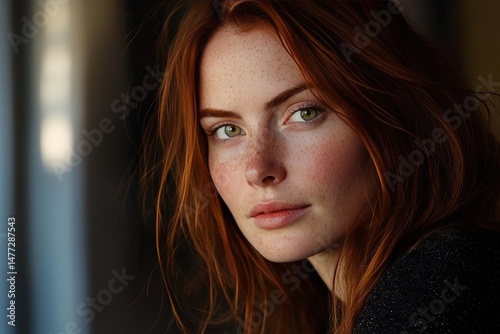 Striking female portrait with piercing green eyes soft freckles and windswept auburn hair against golden hour light