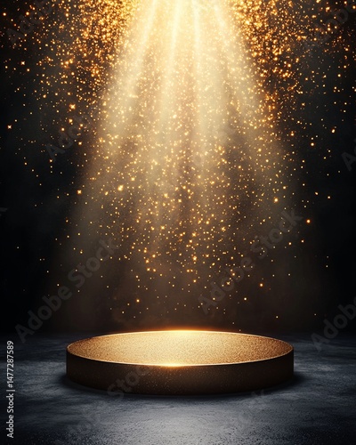 Podium stage motivation. A glittering spotlight shines down on an empty golden pedestal, illuminating sparkling particles in a dark, dramatic setting.