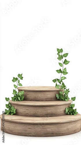Podium stage motivation. Wooden podium with green vines climbing on three circular tiers, set against a white background.