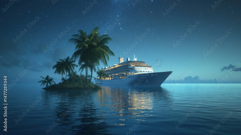 Obraz premium Luxurious cruise ship at night, tropical island