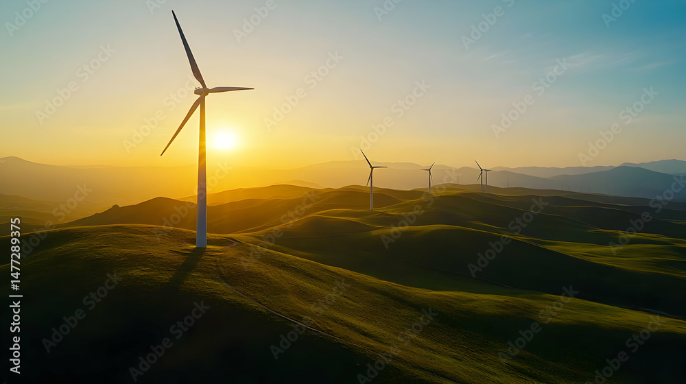 Obraz premium Scenic View of Wind Turbines at Sunrise Over Rolling Green Hills