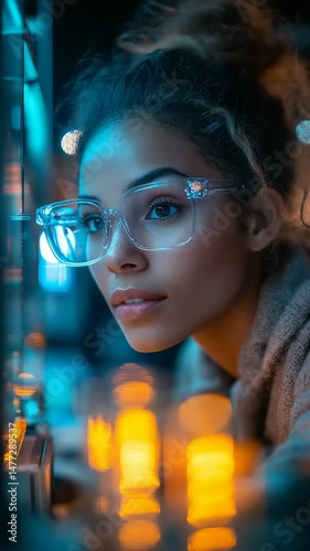 Woman with glasses gazing at illuminated display