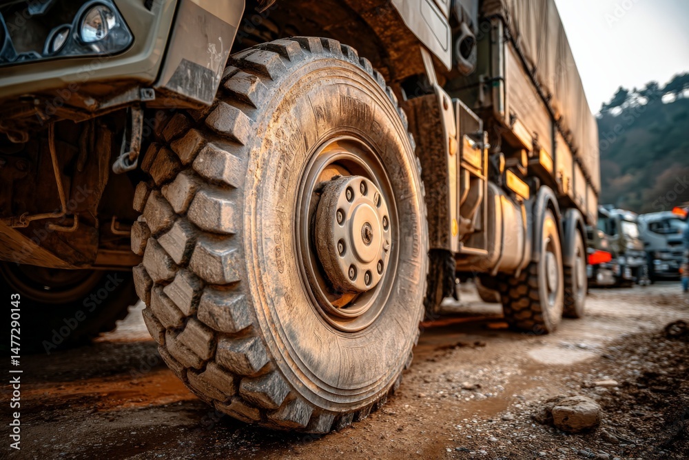 Heavy-duty truck tire on a rugged road at sunset in a construction zone with multiple vehicles Heavy-duty truck tire on a rugged road at sunset in a construction zone with multiple vehicles