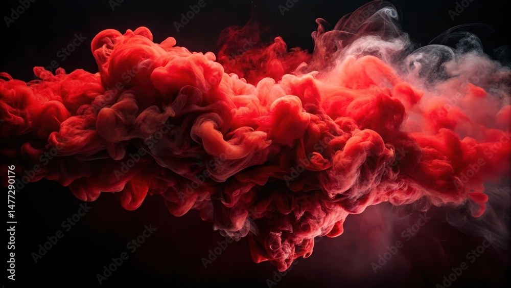 Obraz premium Dense red smoke swirling in mid-air against a stark black background with wispy red cloud formations, abstract, mysterious