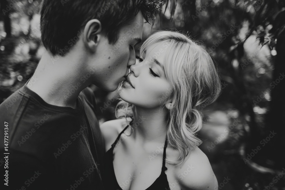 Fototapeta premium Romantic moment between a couple in a lush outdoor setting during golden hour lighting