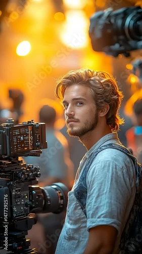 Young man amidst cameras at a vibrant event scene
