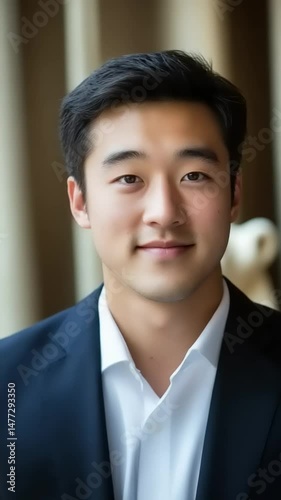Young man in suit smiling against a blurred background